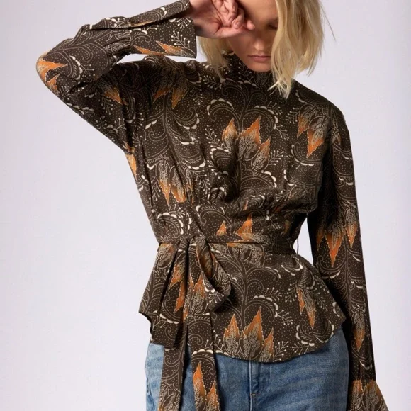 EQUIPMENT Brown Long Sleeve Tie Waist Silk Top Size 12 - Picture 1 of 13